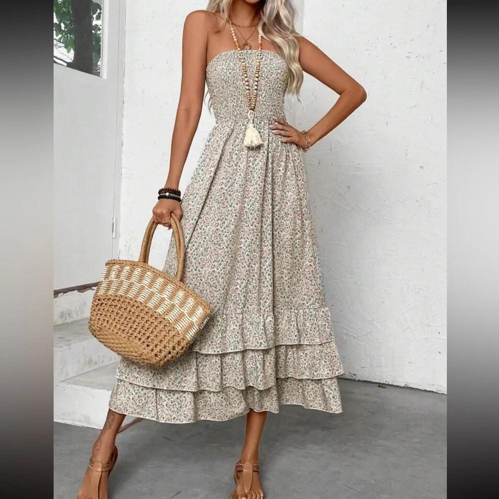 Boho floral print ruffle hem strapless maxi dress - Picture 1 of 6